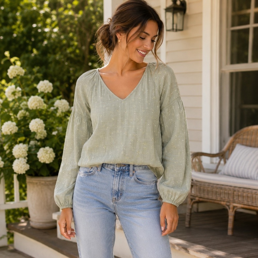 A.N.A. Women's Medium Sage Green Top Boho Peasant Floral Cottagecore Coquette